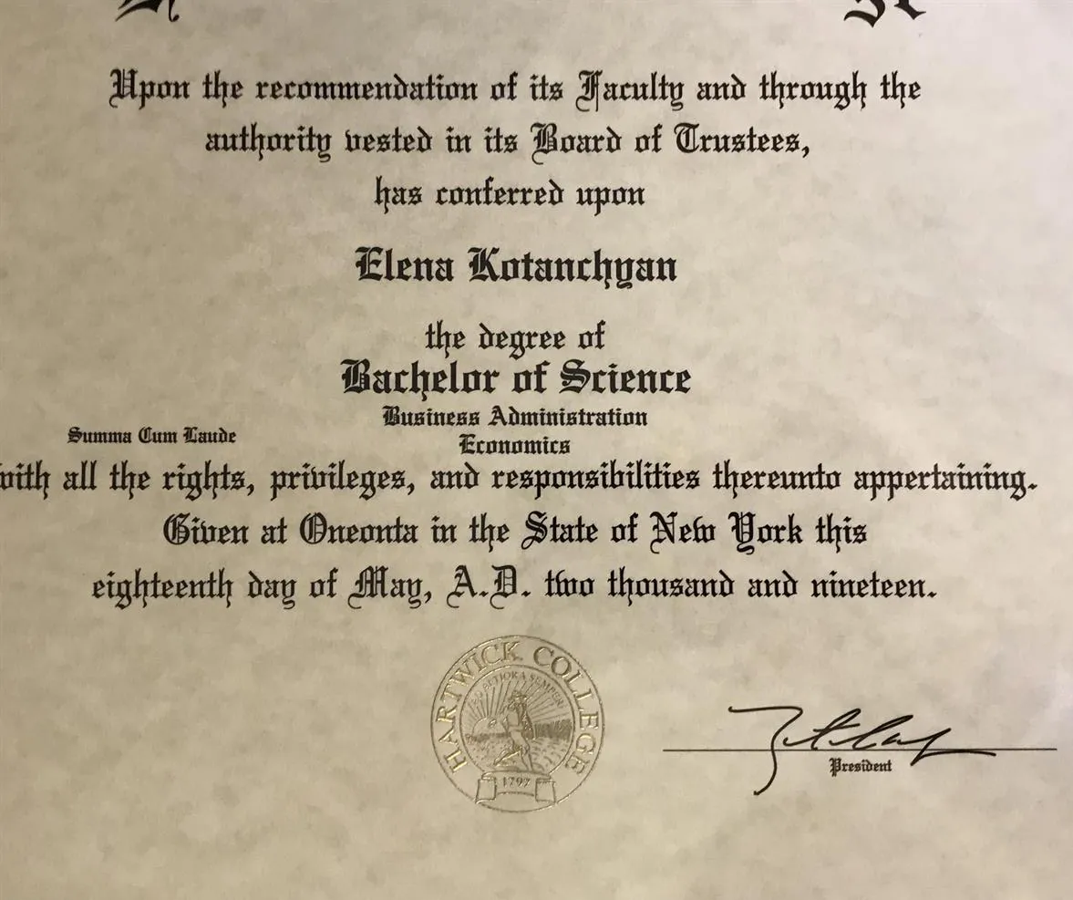 Bachelor of Science, Hartwick College (2019)