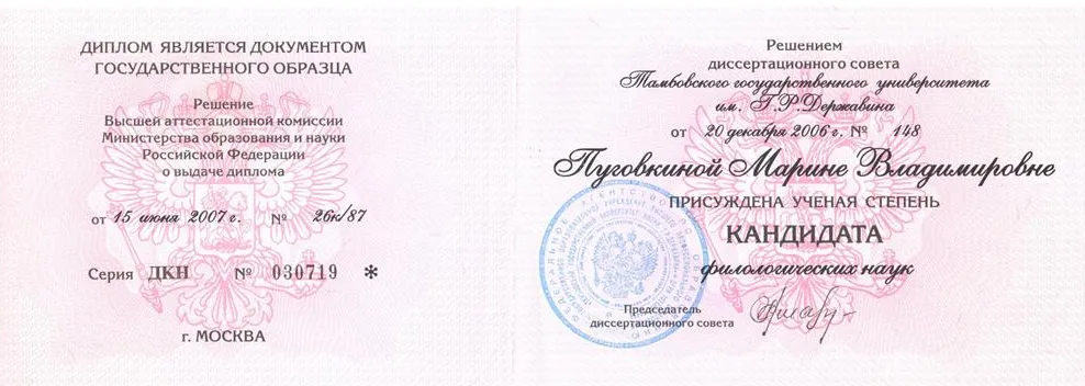 Диплом кандидата филологических наук