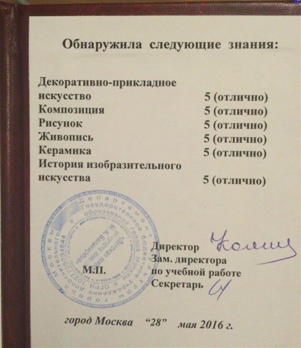 Диплом с отличием об окончании художественной школы им. Балакирева 