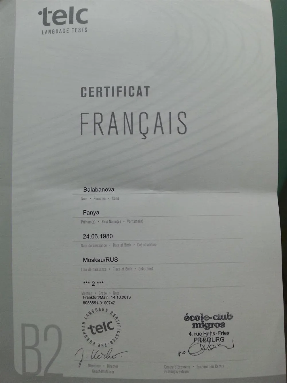 Certificat Francais TELC B2
