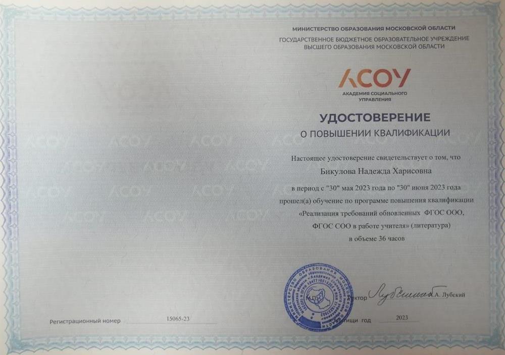 Удостоверение. Курсы повышения квалификации по литературе.