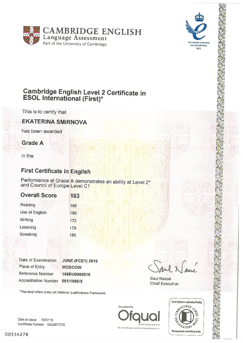 FCE Cambridge Exam (Grade A, CEFR Level C1)
