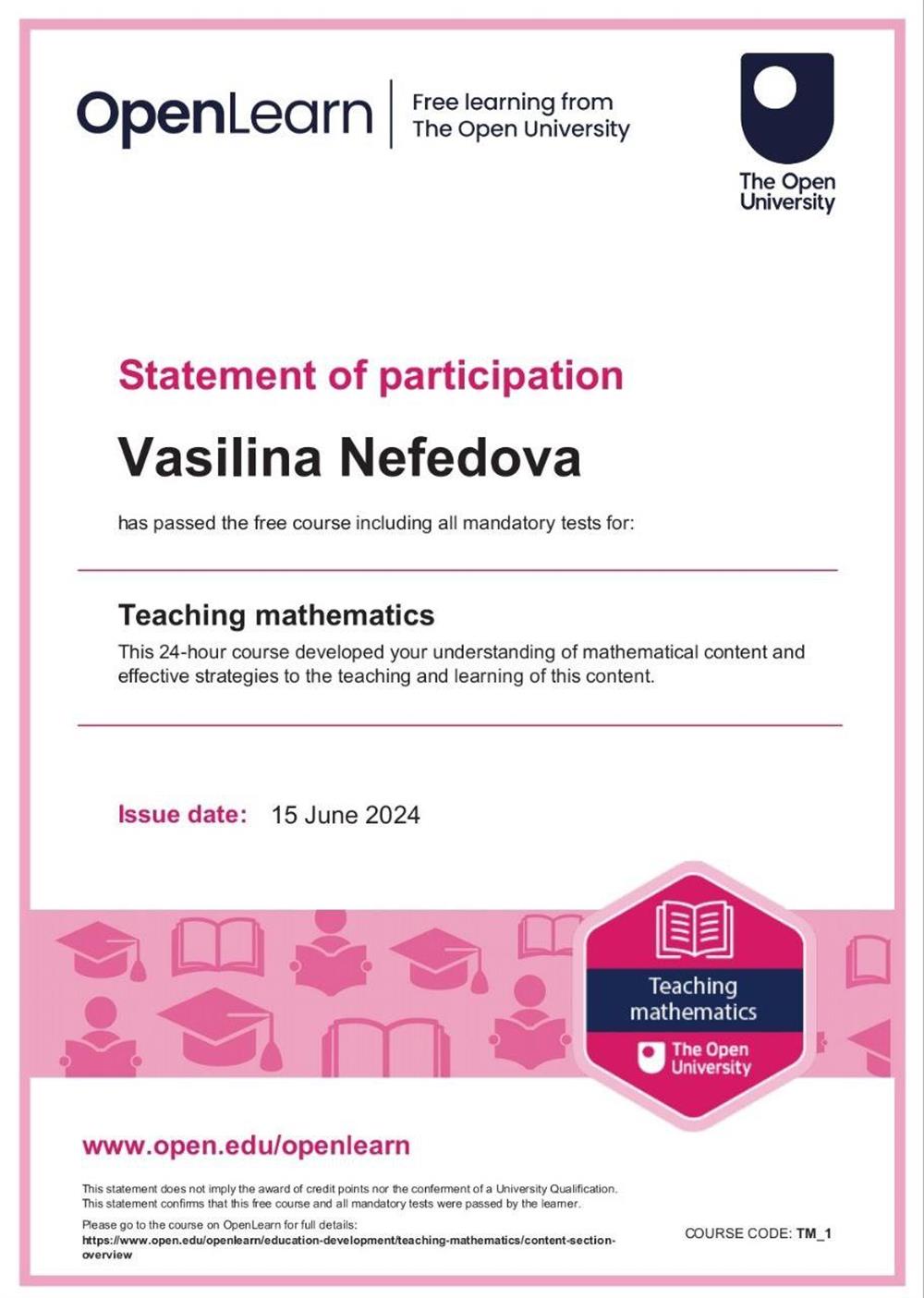 Диплом о преподавании математики на английском 