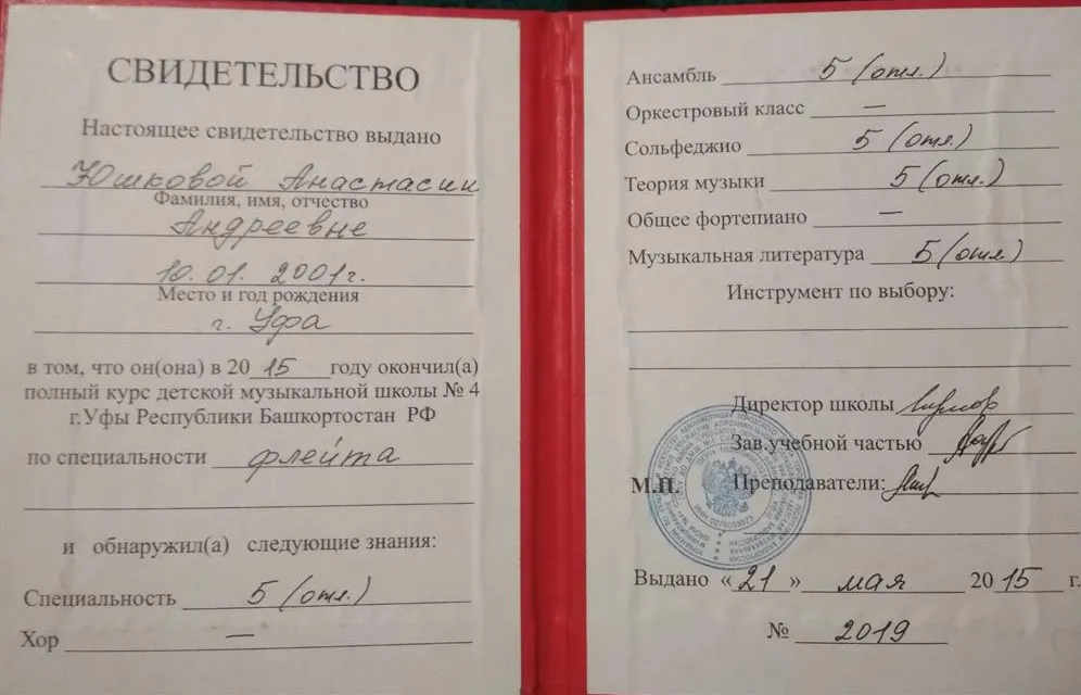 Свидетельство о начальном музыкальном образовании (8 лет)