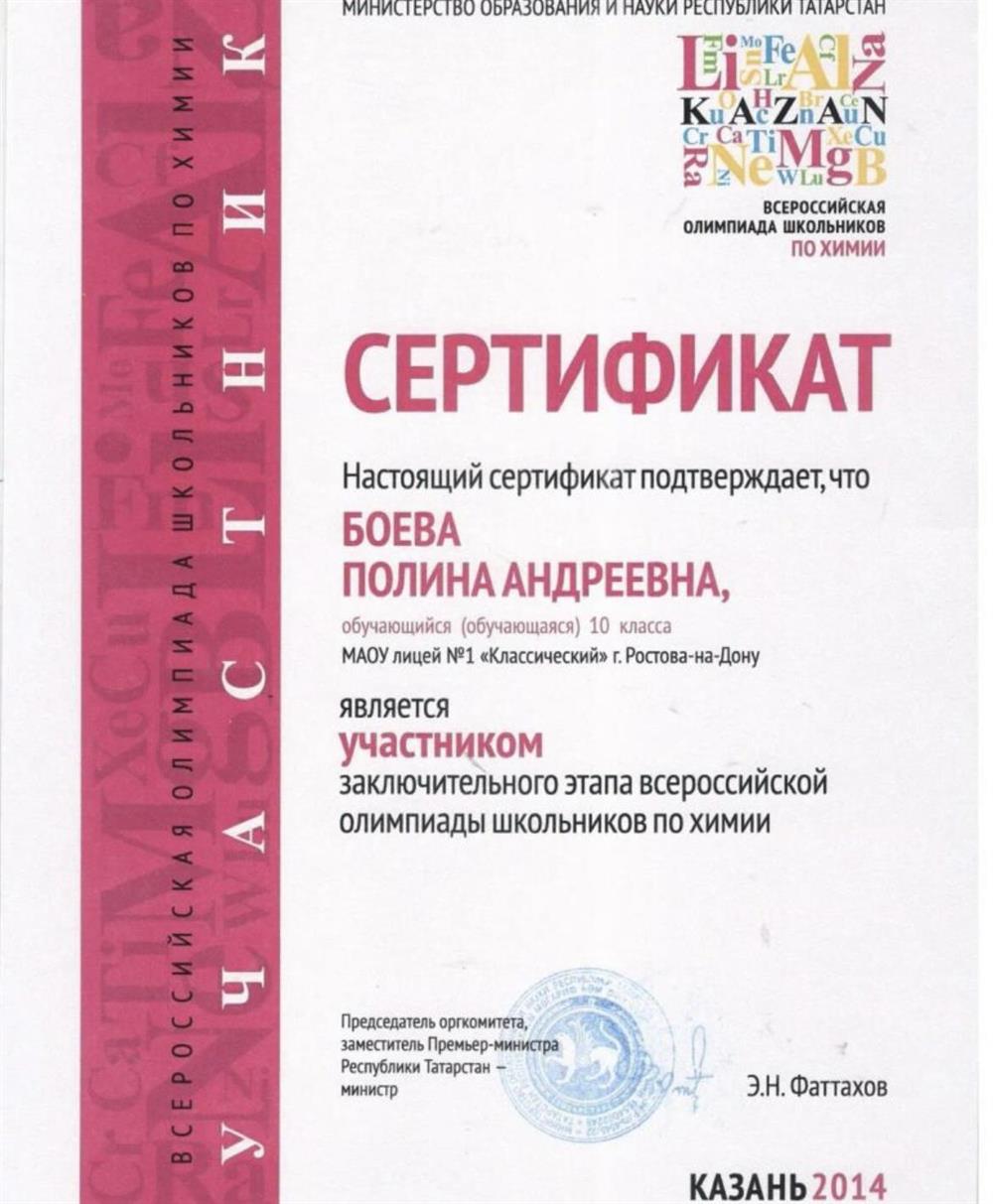 Сертификат участника заключительного этапа олимпиады по химии 