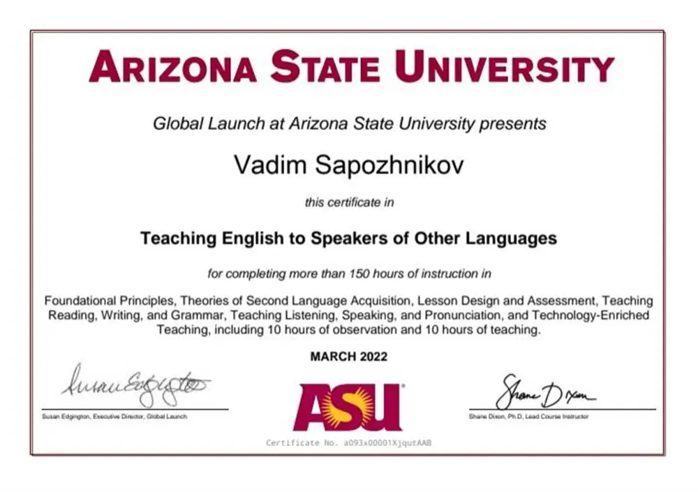 Международный сертификат TESOL (150 часов) от Университета Аризоны (США) 