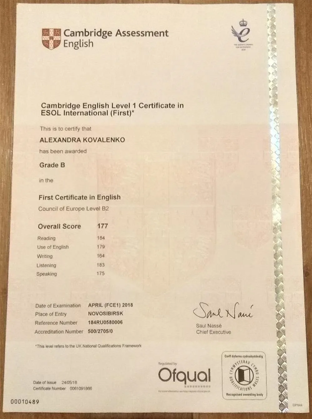 Cambridge English Level 1 Certificate in ESOL International 