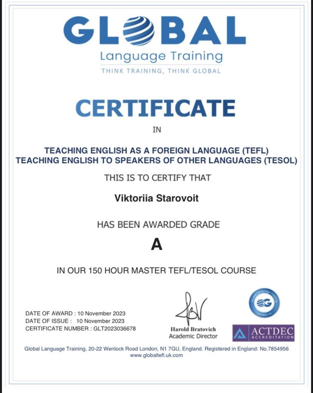 Сертификат TEFL/TESOL