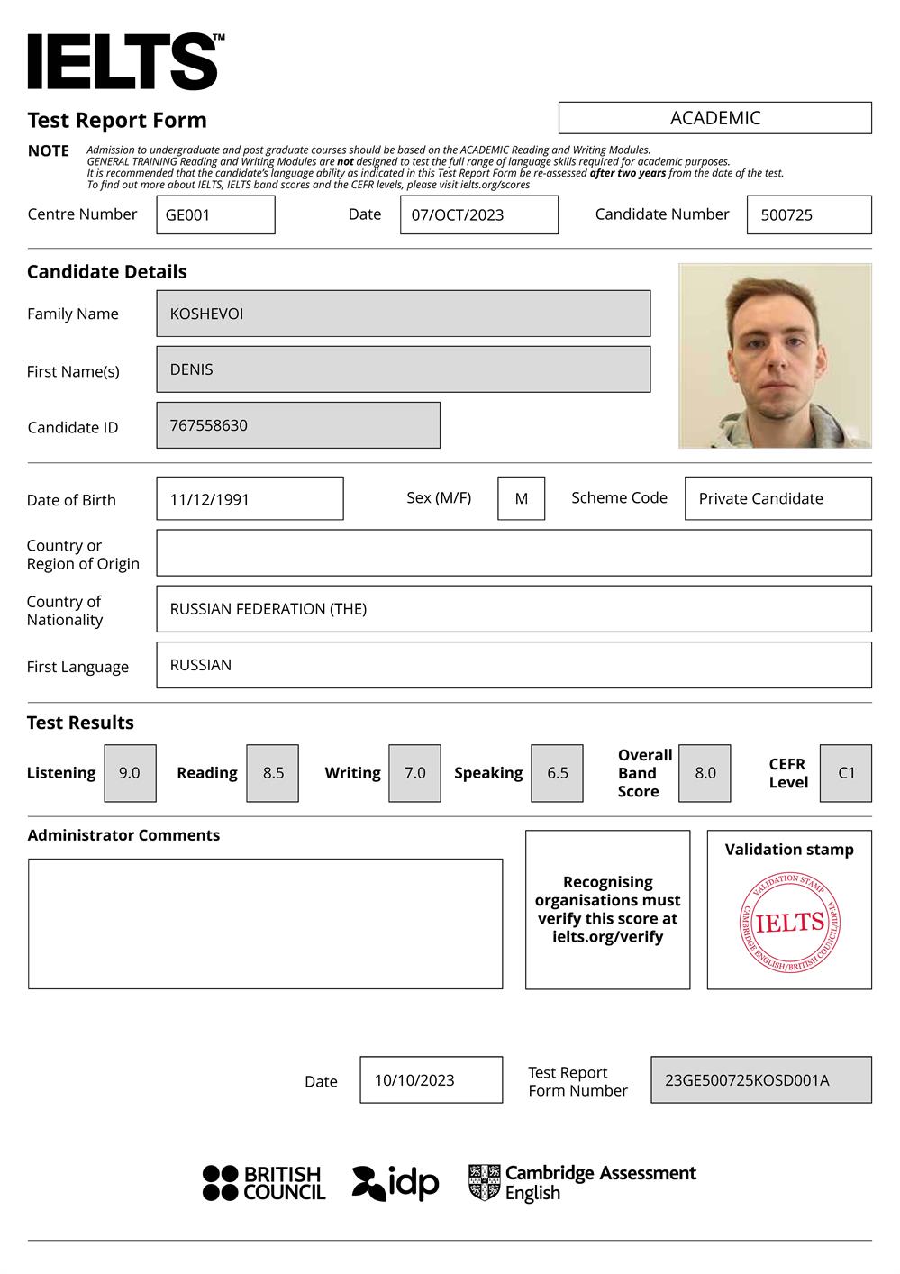 Сертификат. Результаты IELTS