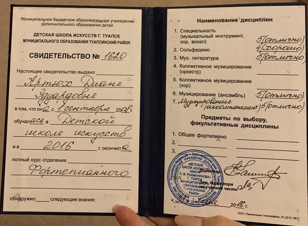 Свидетельство об окончании детской школы искусств отделения фортепиано 