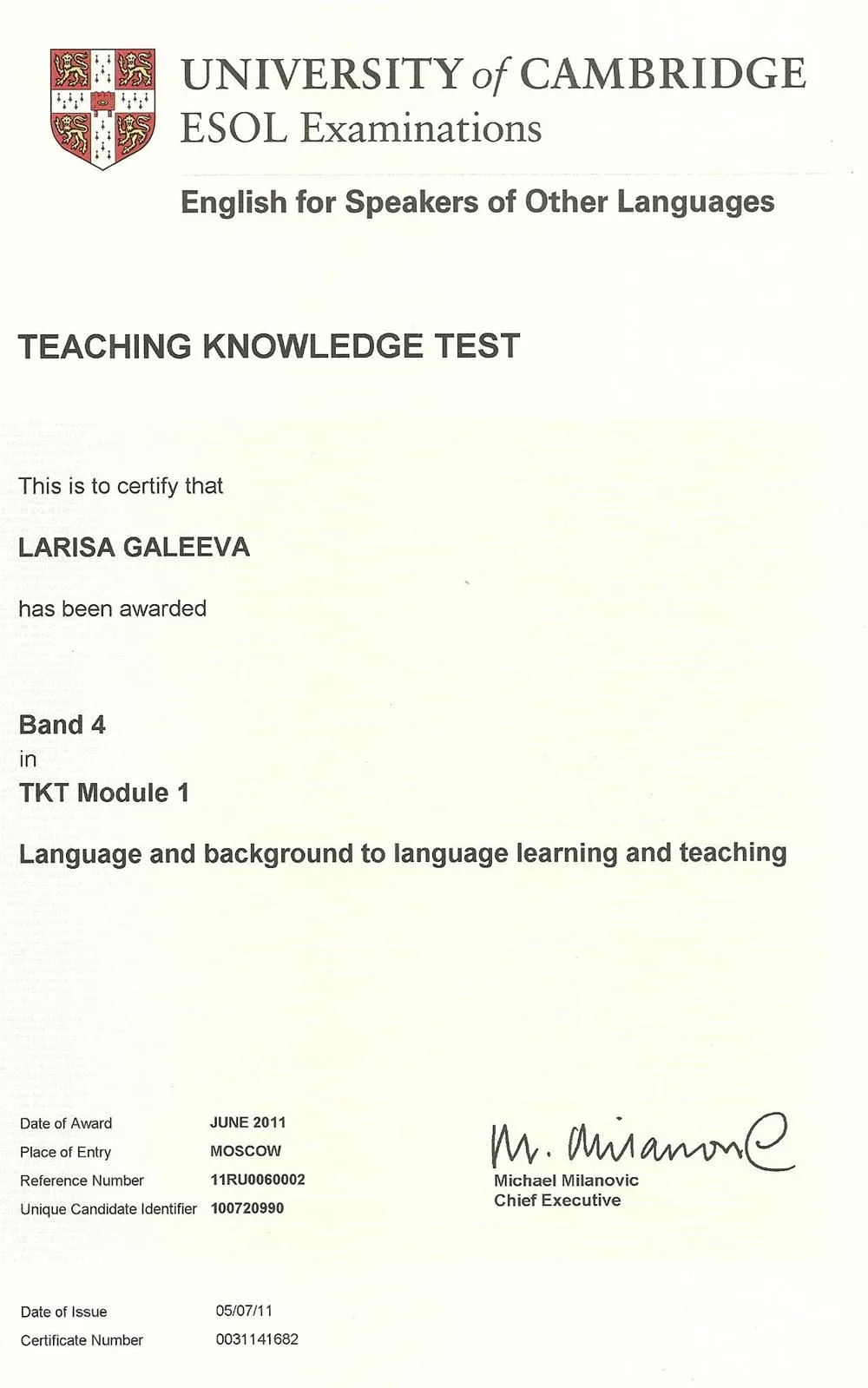 University of Cambridge "Teaching Knowledge Test"