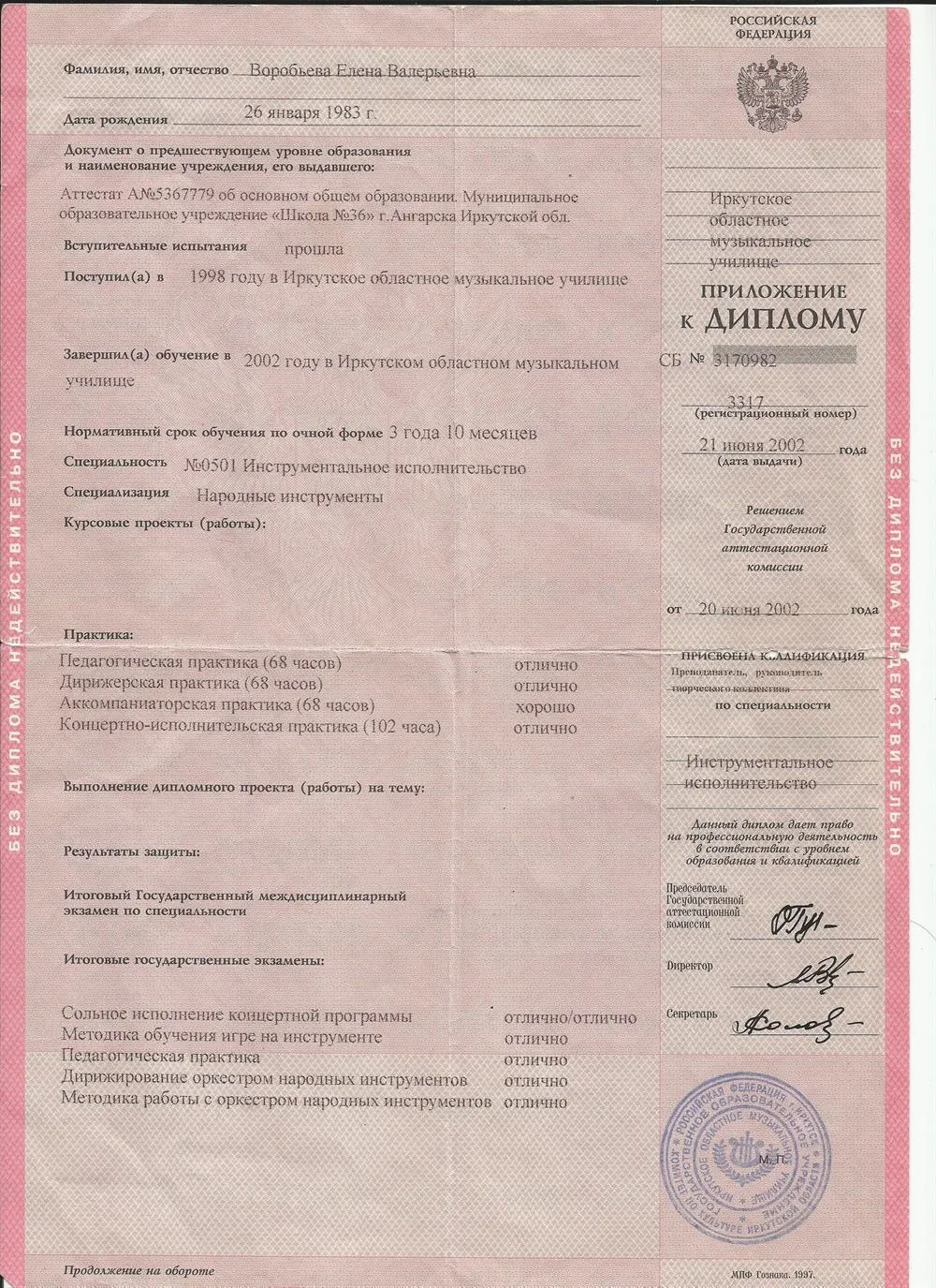 Приложение к диплому о среднем образовании