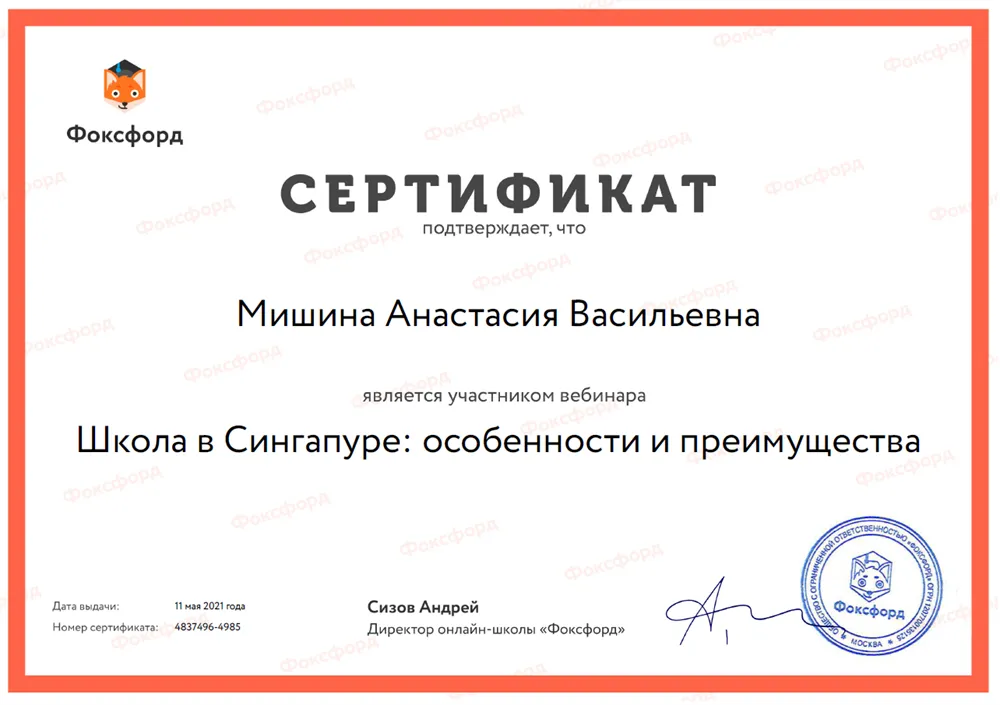 Сертификат участника вебинара 