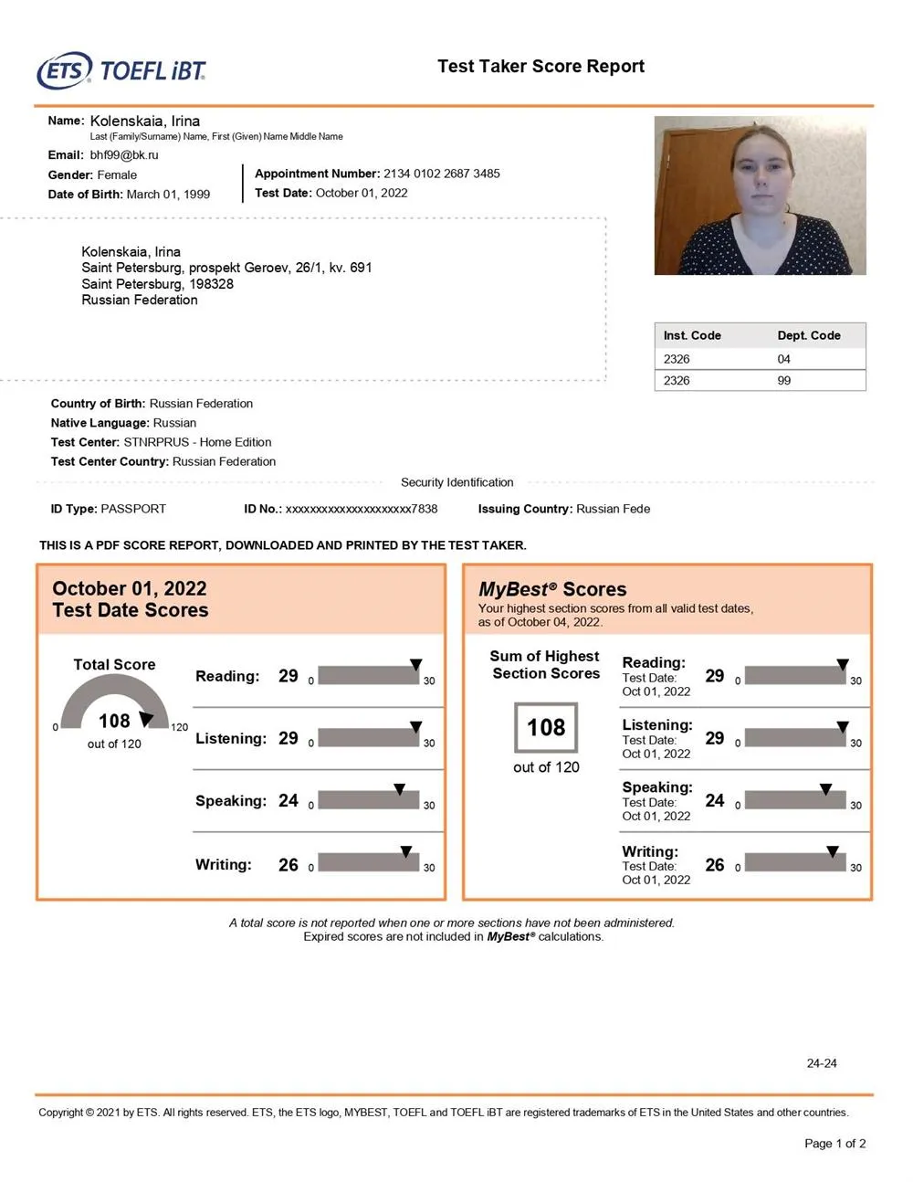 TOEFL score
