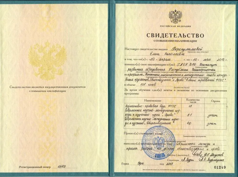 Свидетельство  о повышении квалификации