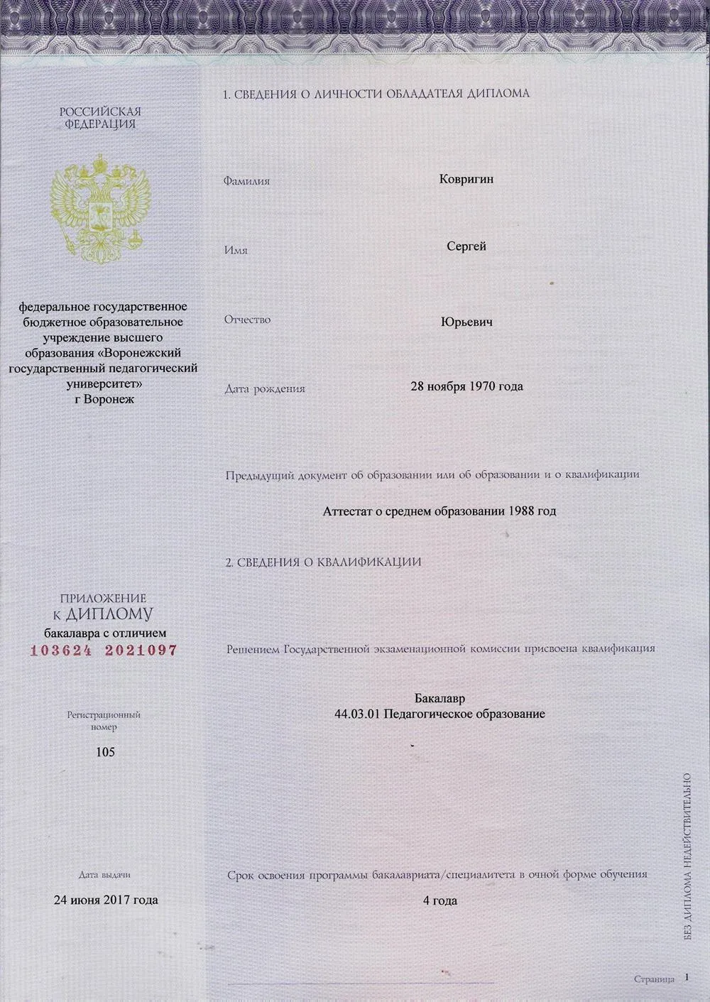 Диплом бакалавра педагогического университета 