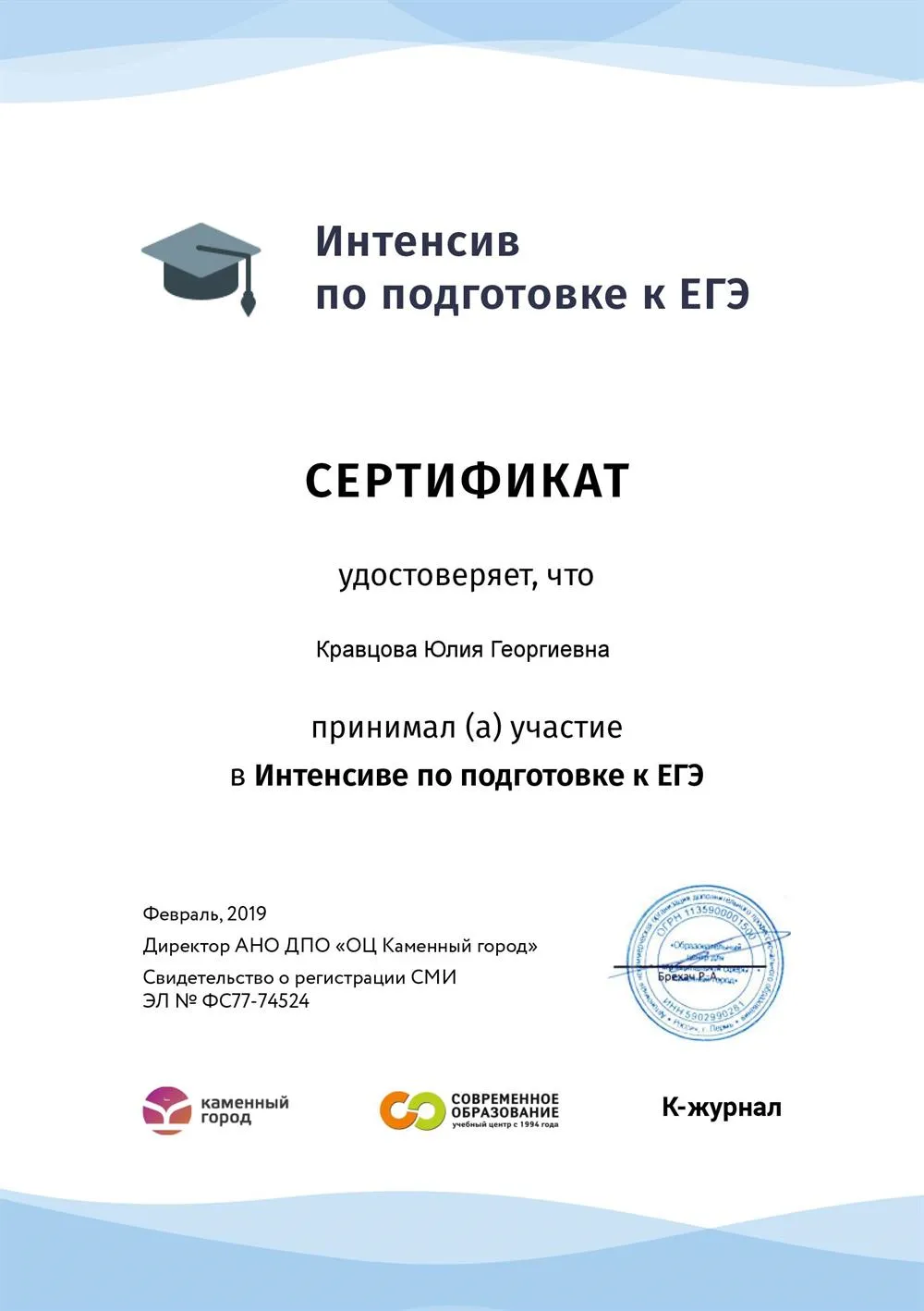 Сертификат об участии в Интернет-интенсиве по подготовке к ЕГЭ