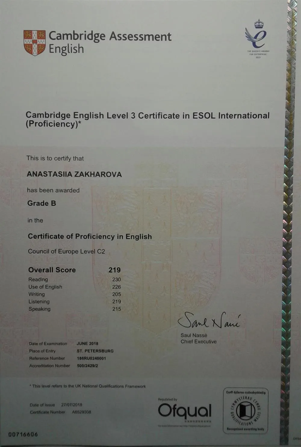 Certificate in Proficiency in English