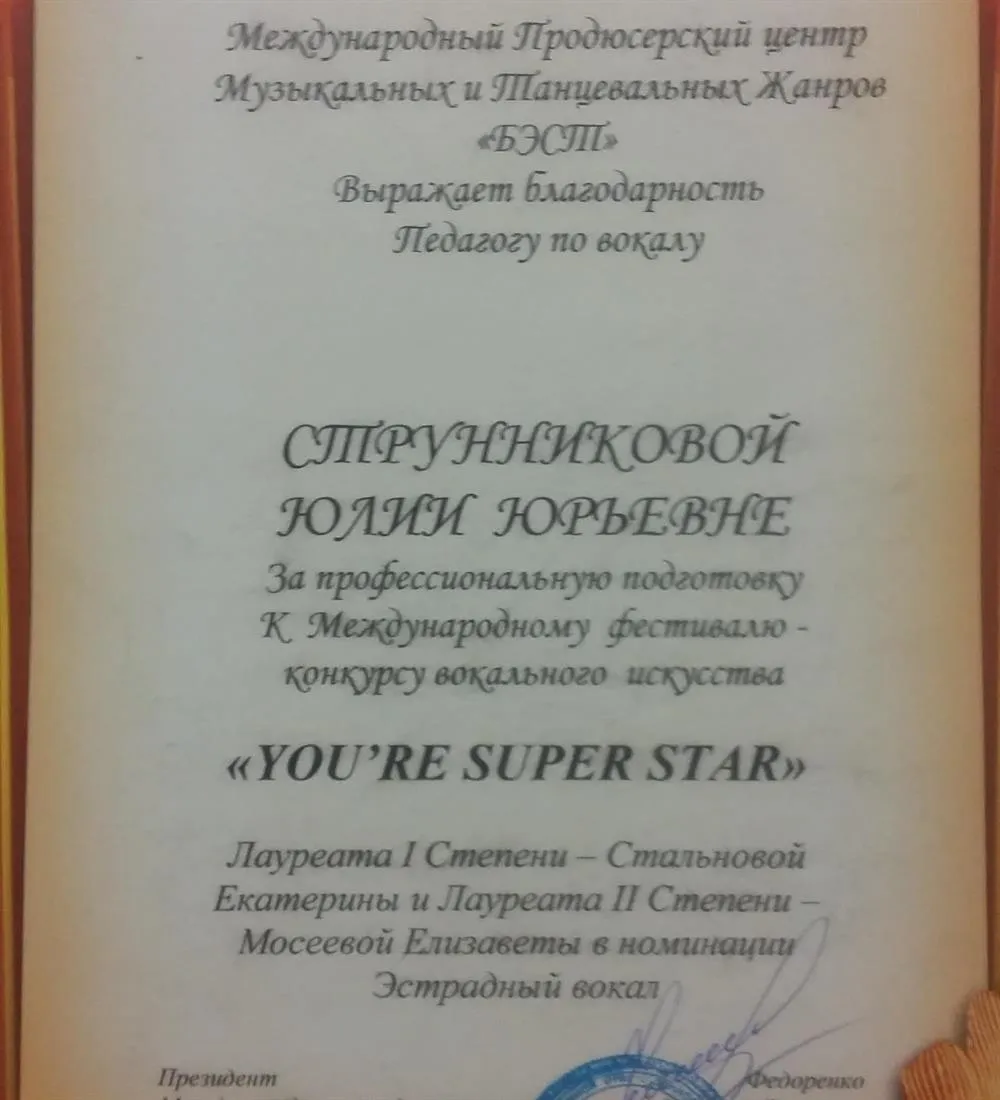 Благодарственное письмо за подготовку лауреатов