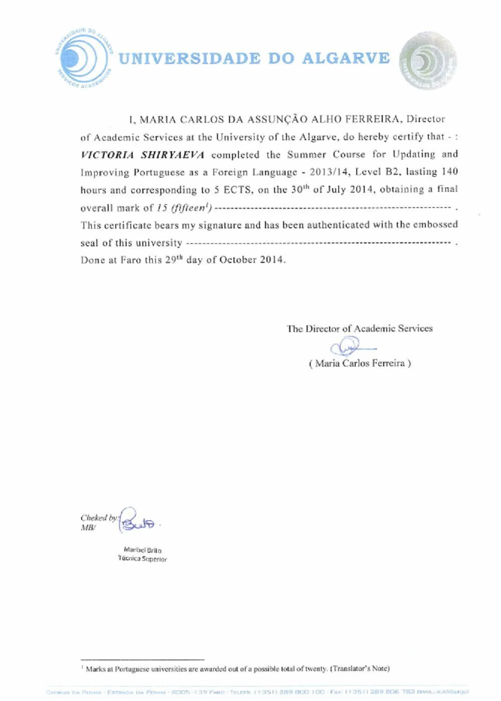 Universidade do Algarve (portugues - B2, summer course 2014 )