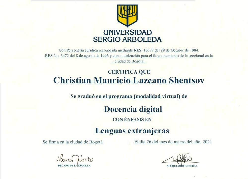 Диплом Universidad Sergio Arboleda- Цифровое преподавание- иностранные языки 