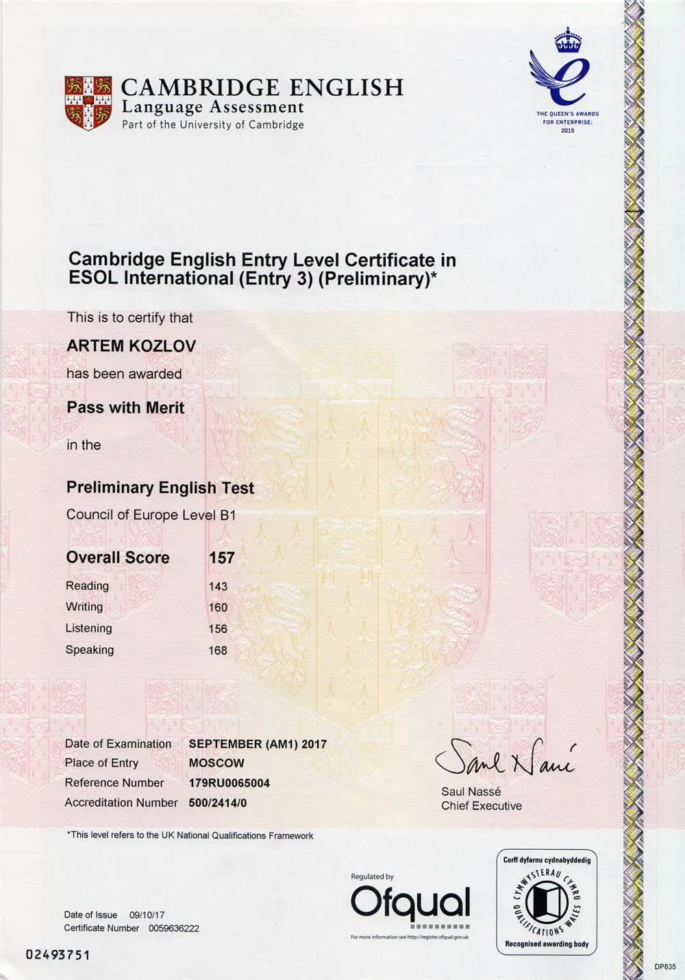 Cambridge English Entry Level Certificate in ESOL International (Entry 3) (Preliminary)