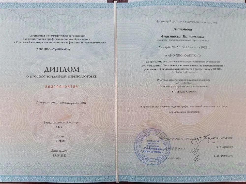 Диплом "Учитель химии" 2022
