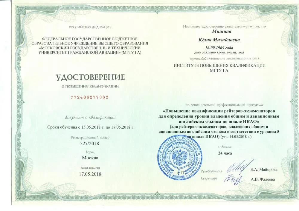 Удостоверение о повышении квалификации рейтера-экзаменатора
