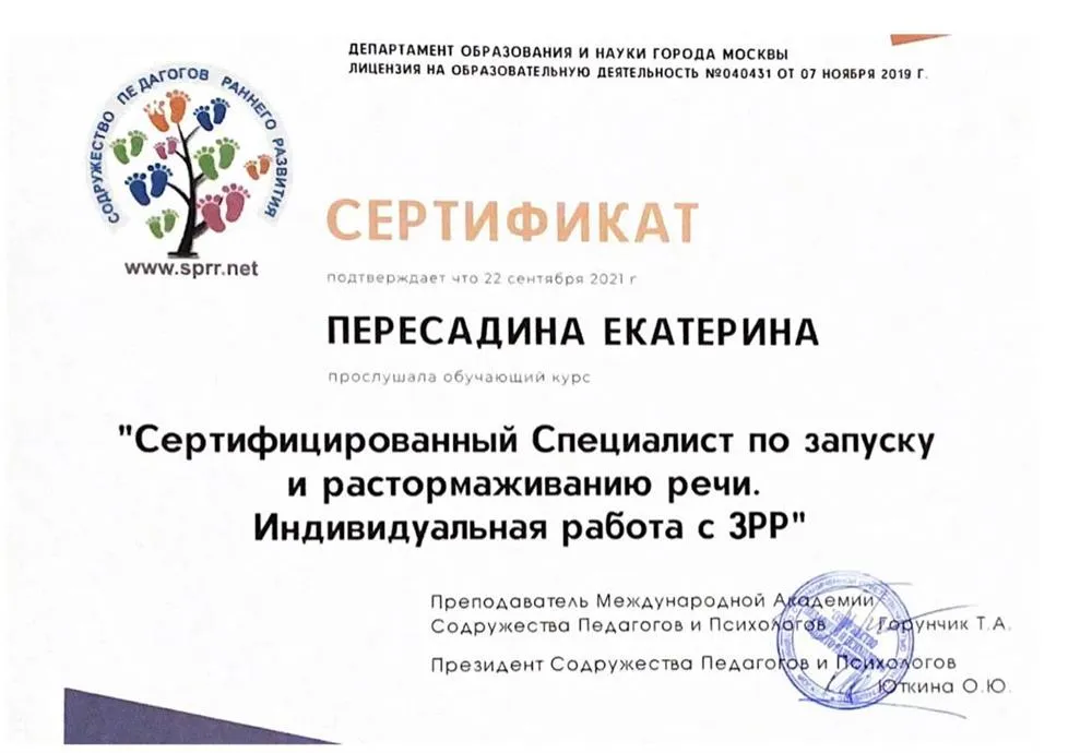 Сертификат Запуск речи