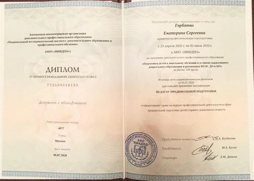 Диплом Педагог предшкольной подготовки