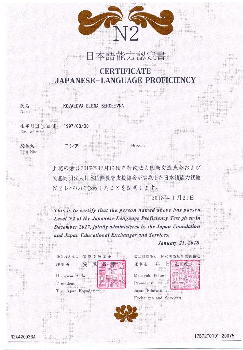 Сертификат JLPT N2