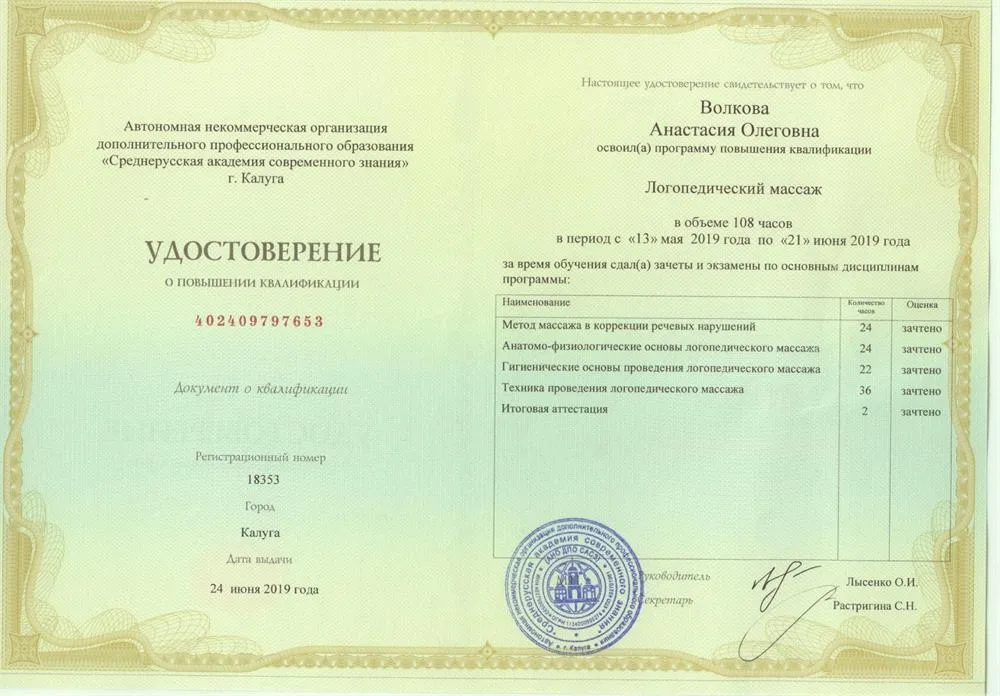 Удостоверение о повышении квалификации "Логопедический массаж"