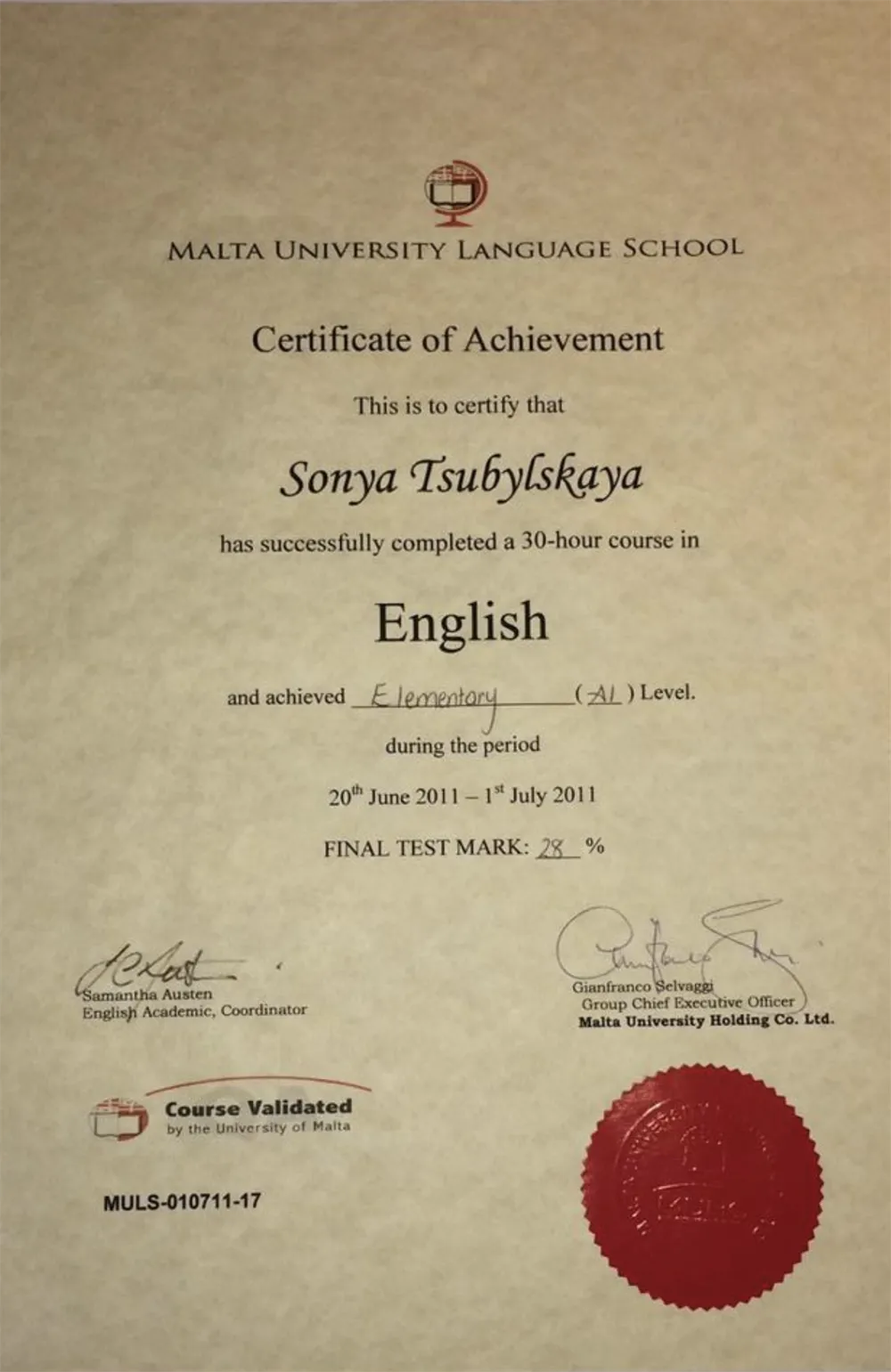Certificate of achievement (Malta)