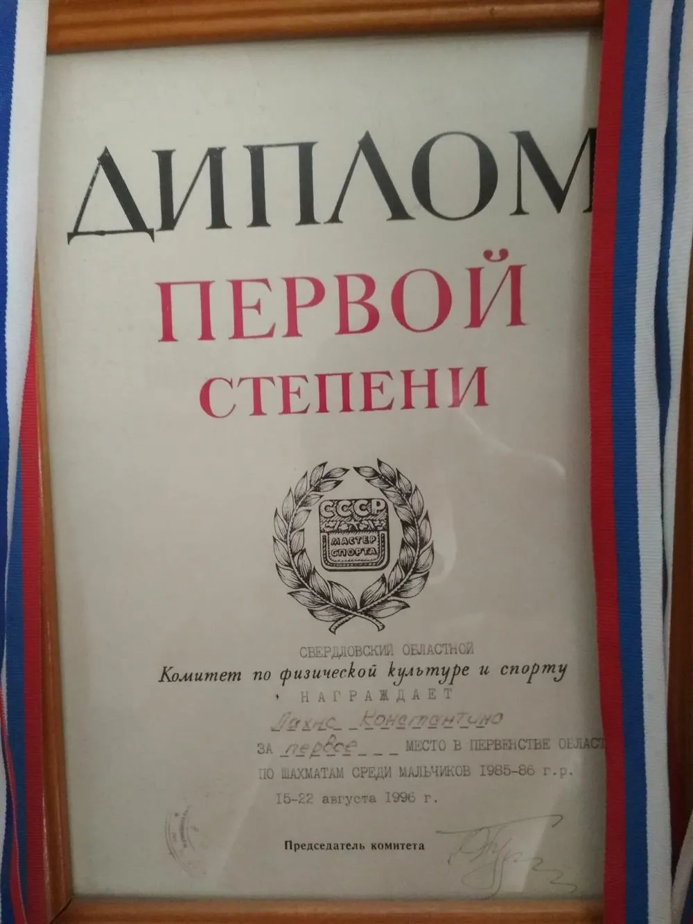Диплом: 1 место в первенстве области по шахматам среди юношей