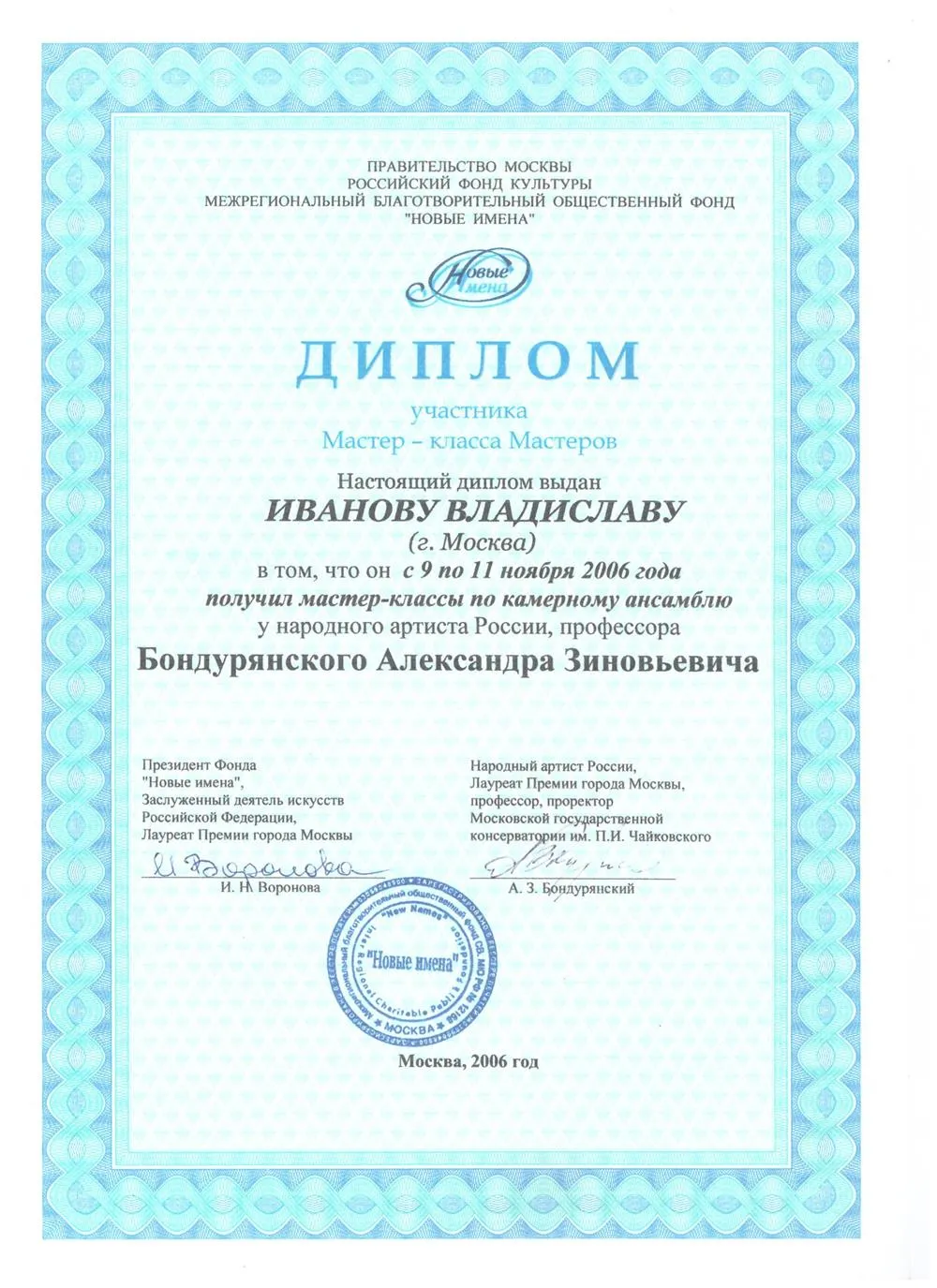 2006 Диплом - Мастер-классы А.Бондурянский
