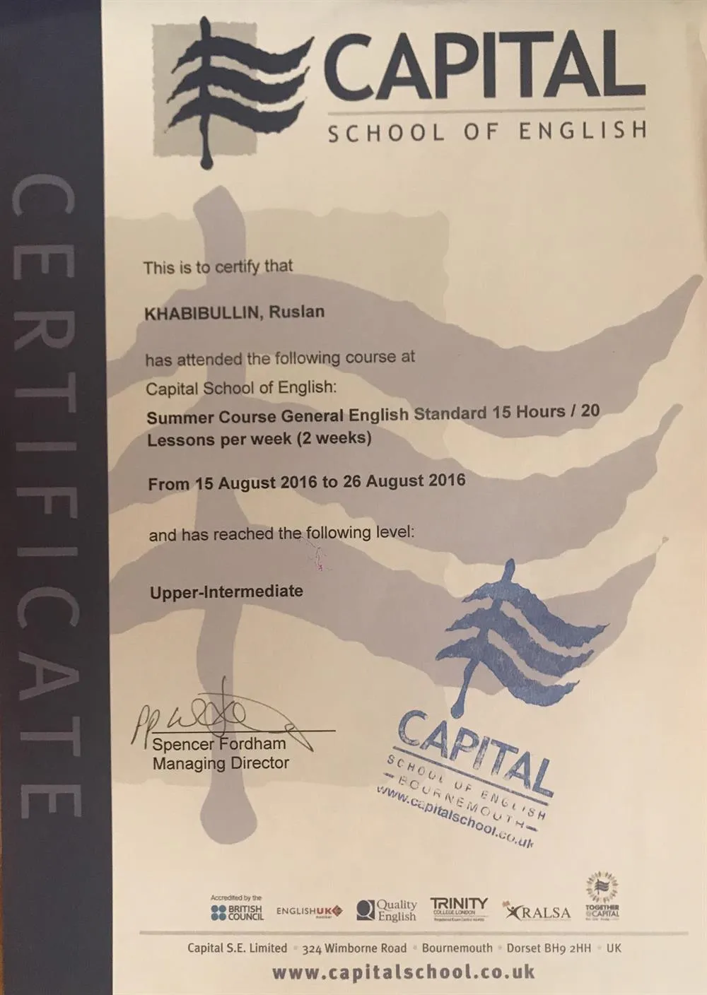 Certificate Capital school of English 