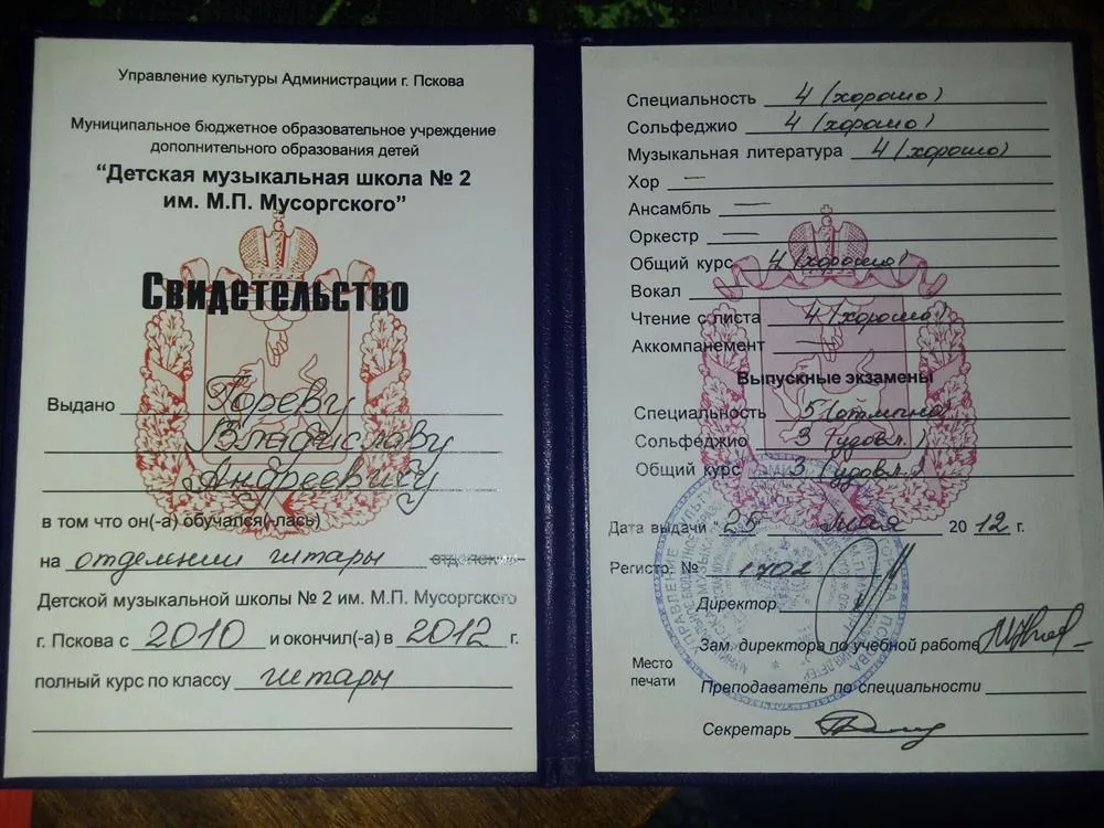 Диплом об окончании музыкальной школы по классу классической гитары