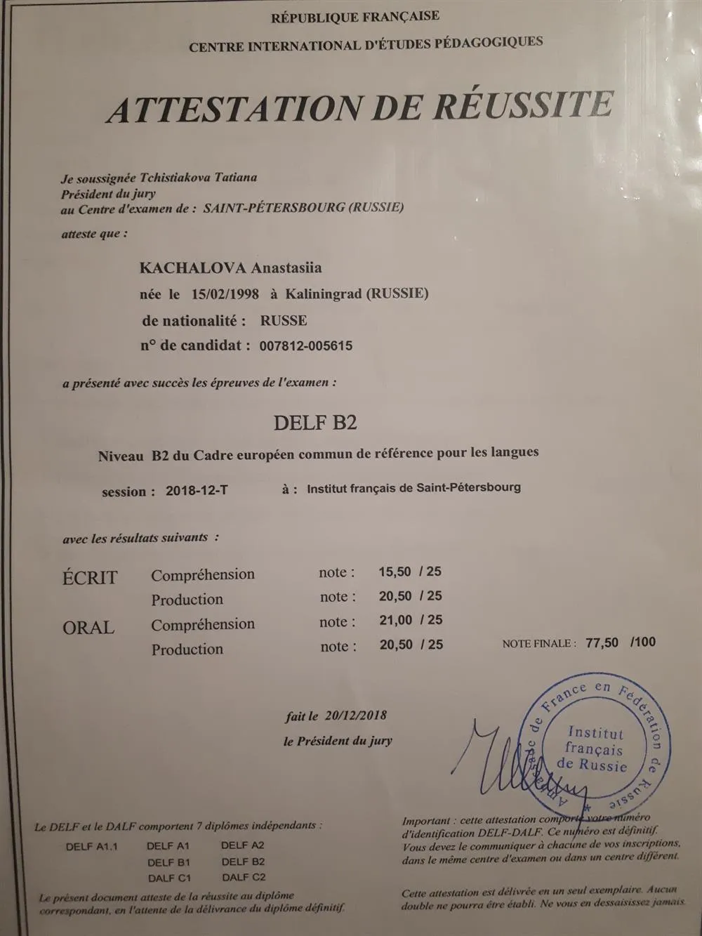 Сертификат DELF B2