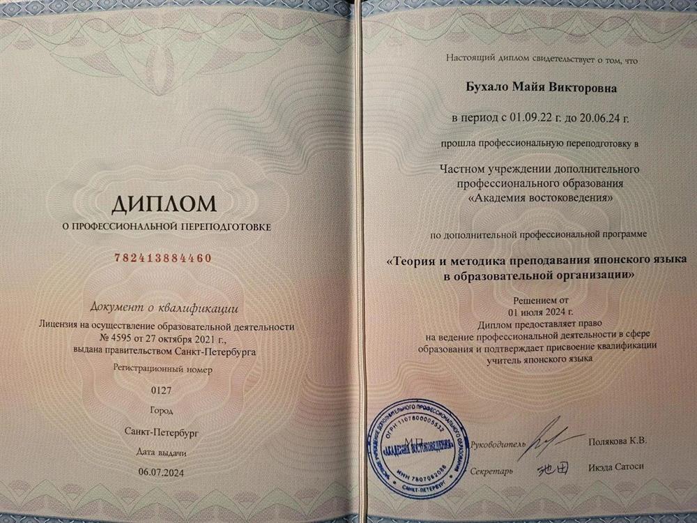 Диплом о профессиональной переподготовке ЧУ ДПО «Академия востоковедения»