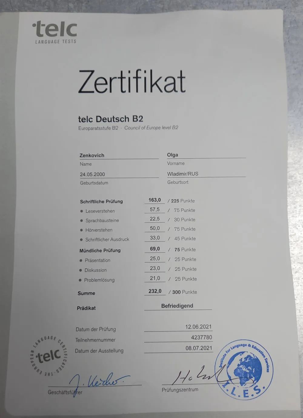 Сертификат telc Deutsch B2 
