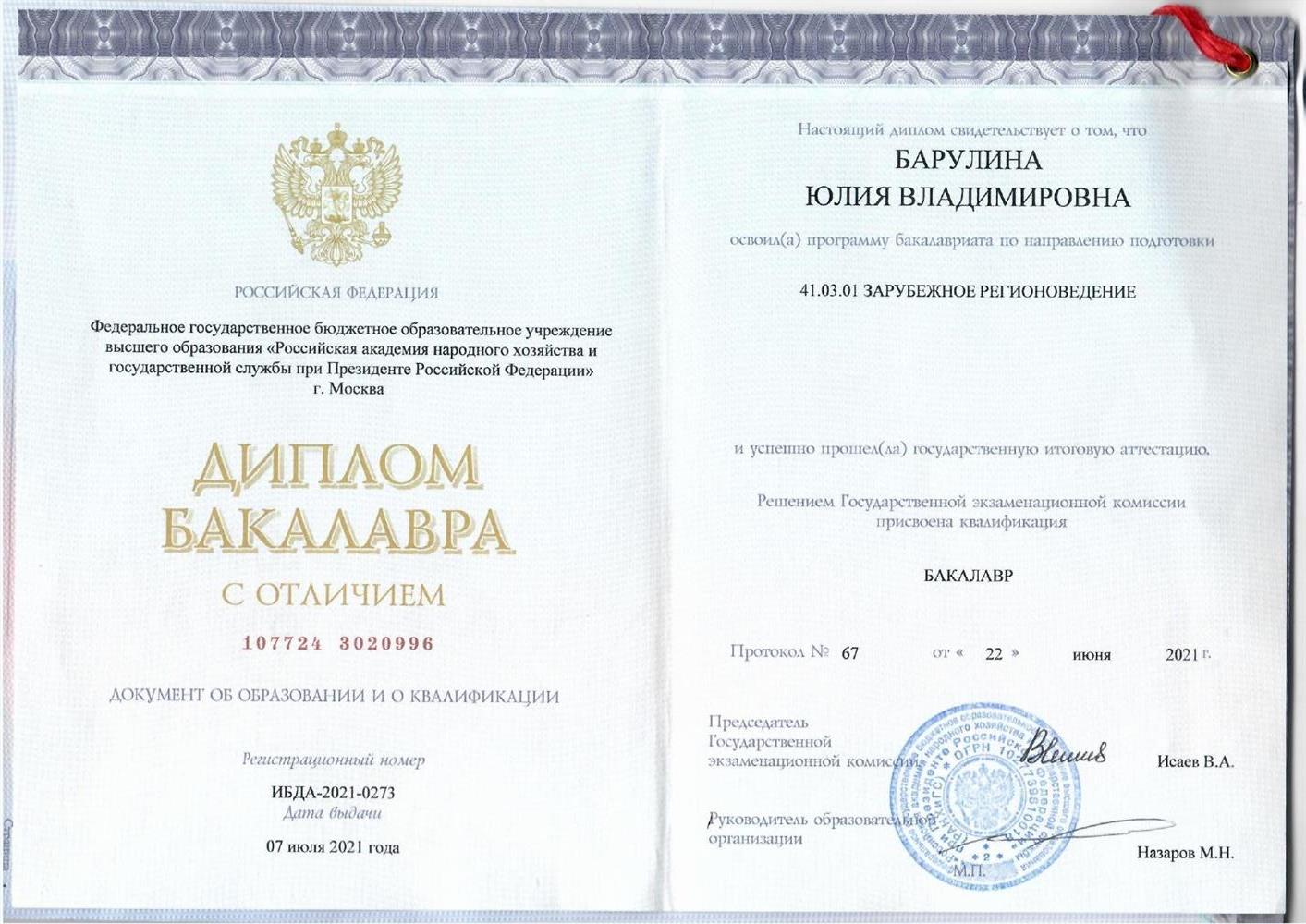 Диплом Бакалавра с отличием