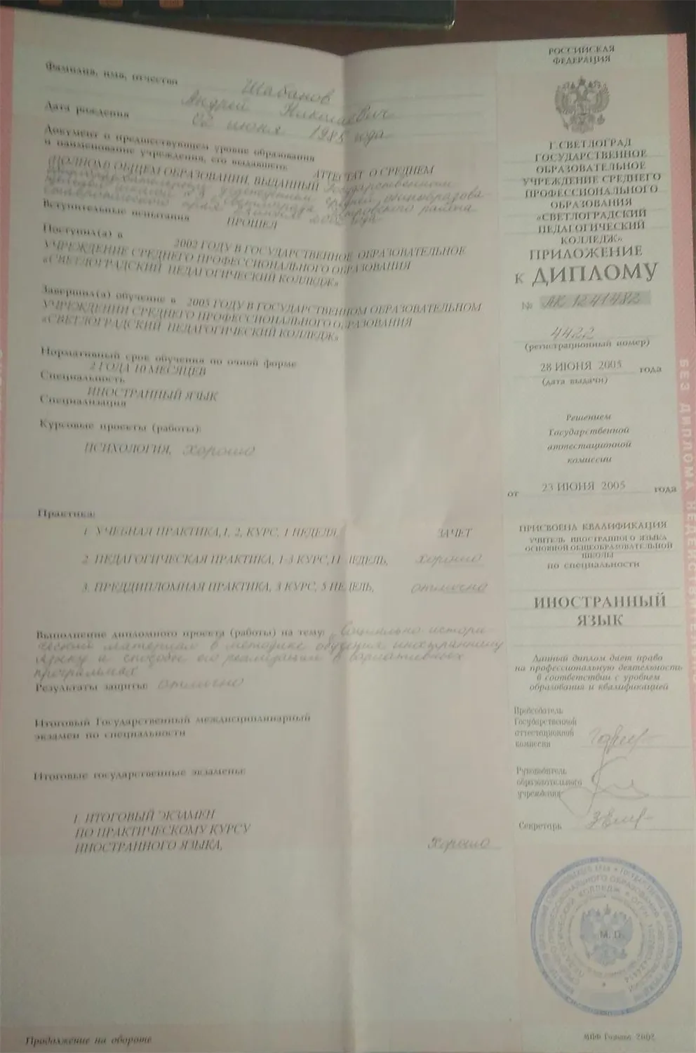 Приложение к диплому