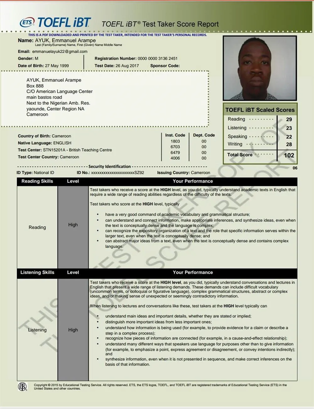 TOEFL certificate 