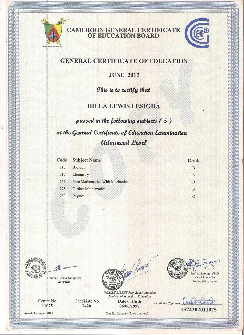 Сертификат GCE Advanced level certificate