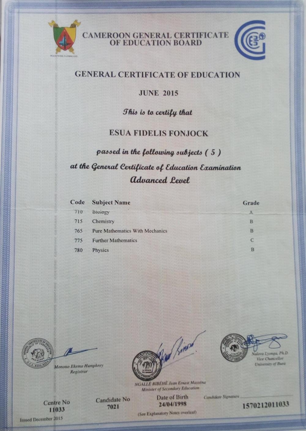 GCE A/L, IB DP, IGCSE Certificate