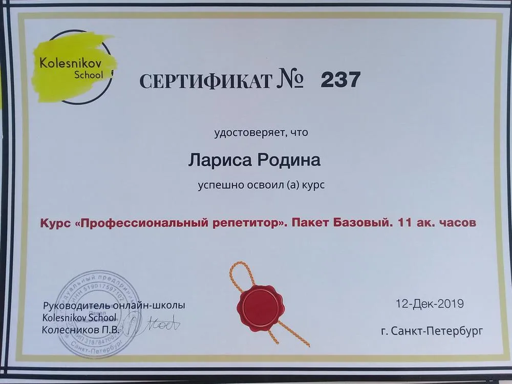 Сертификат "Профессиональный  репетитор". Санкт-Петербург,2020 г.