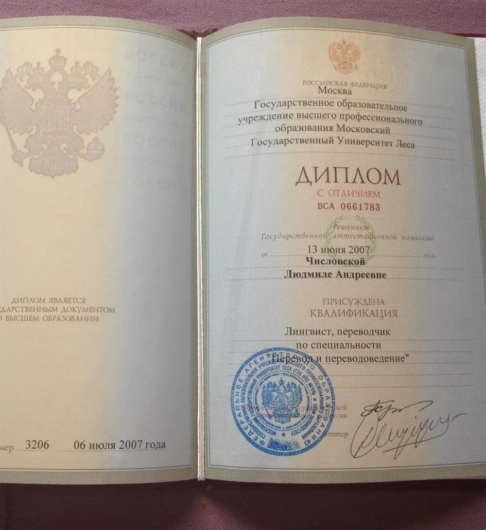 МГУЛ, лингвист, переводчик по специальности "перевод и переводоведение" (диплом с отличием) 