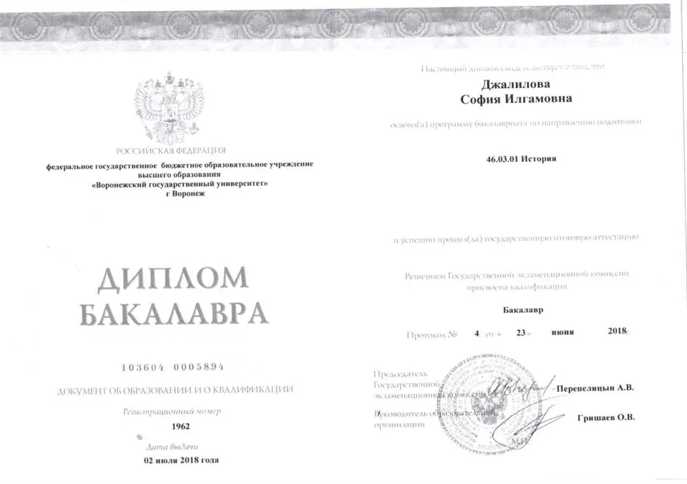 Диплом бакалавра исторического факультета ВГУ.