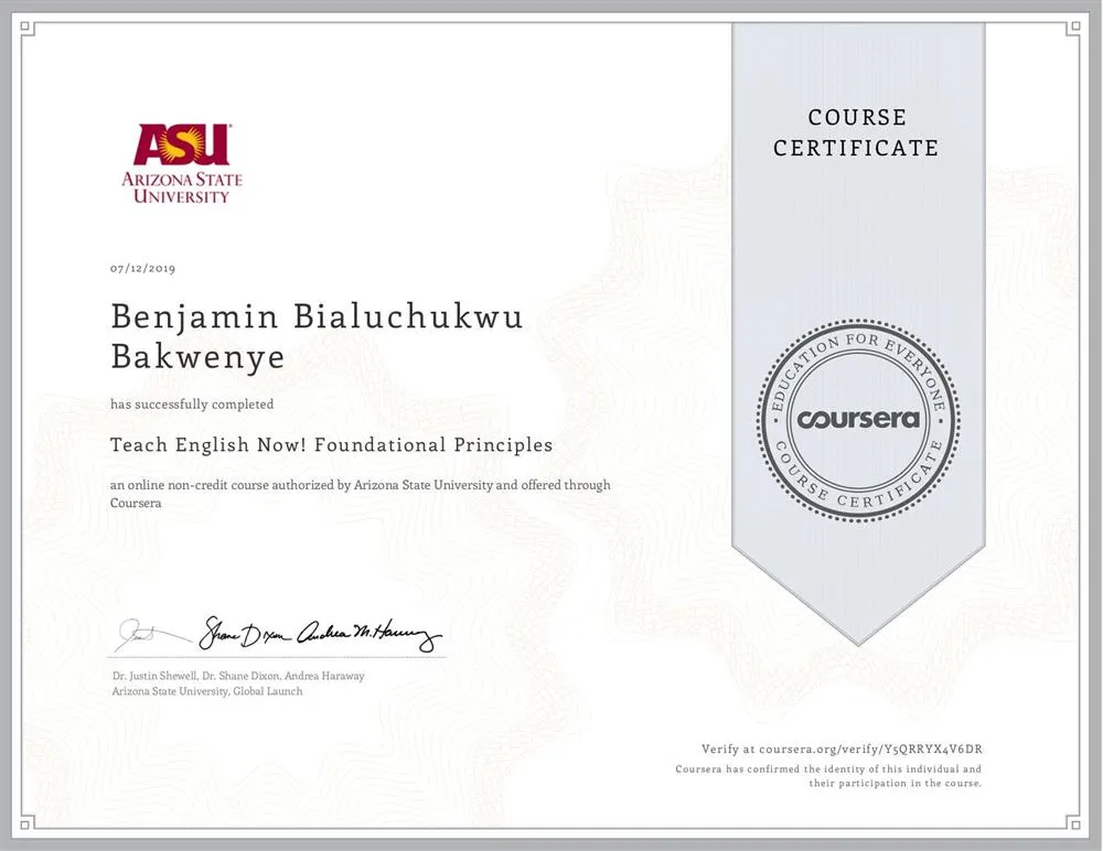 Arizona state University, TESOL Certificate (120 hour TESOL Certification), 2019 г.