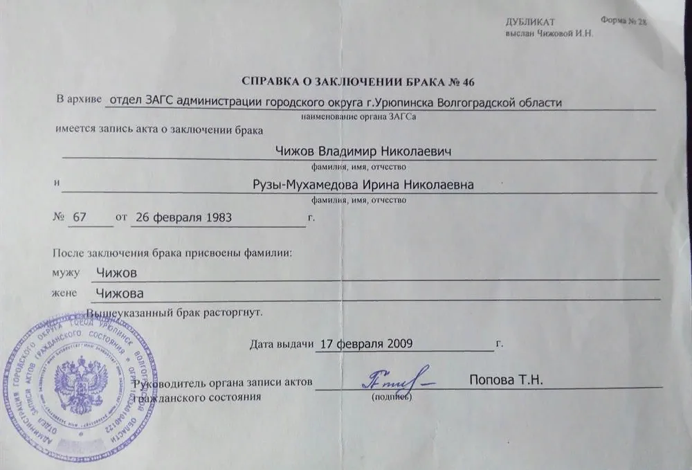Свидетельство о браке.